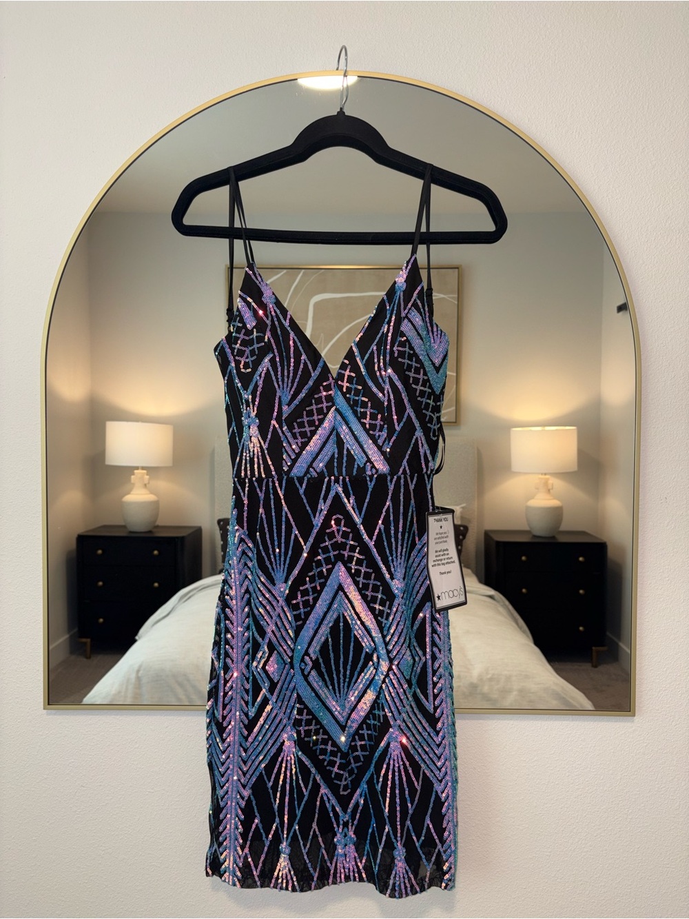 Macy's Black Mini Slip Dress with Iridescent Purple and Blue Sequin Geometrics